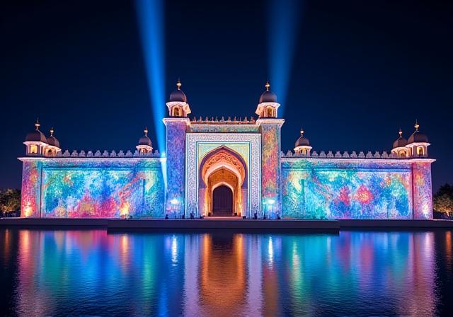 Qasr Al Watan illuminated at night during the Palace in Motion show